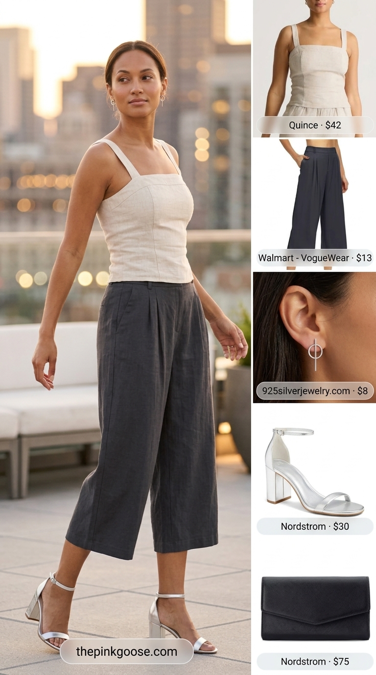Chic Linen Culottes Outfit 2026 Modern chic outfit: charcoal linen culottes, cream sleeveless knit top, silver sandals, and clutch. 2026.