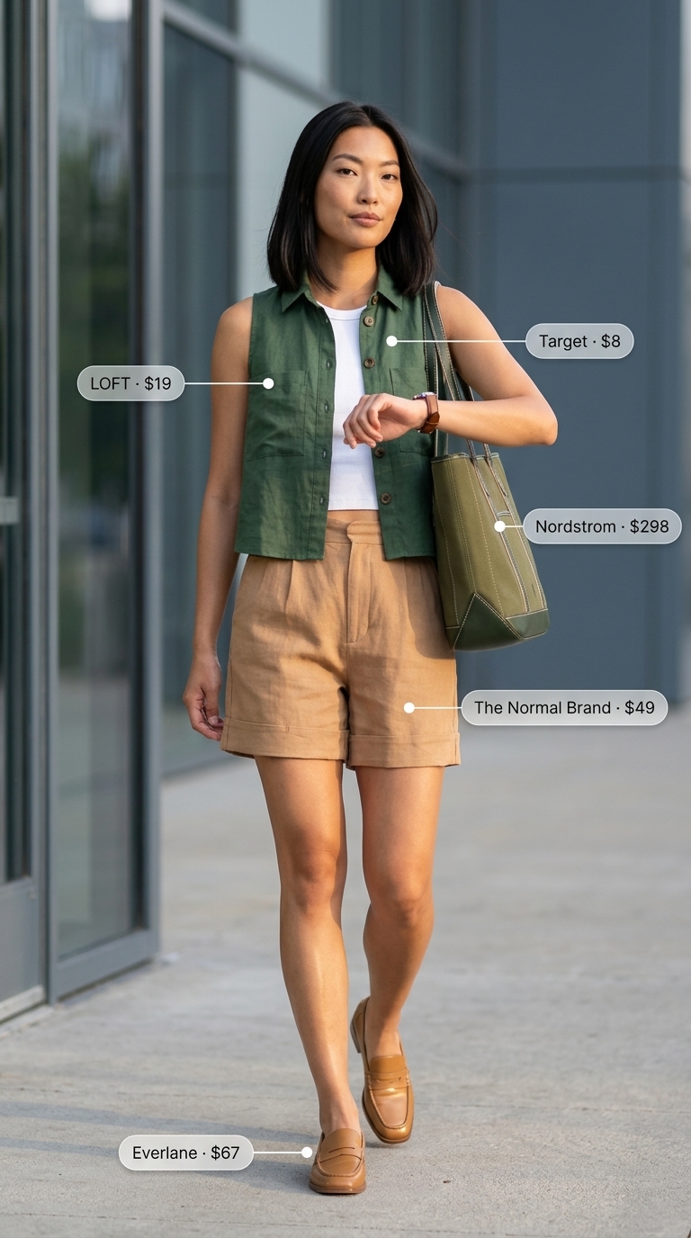 City Explorer Linen Shirt Outfit 2026 Chic city outfit: olive green linen shirt, white sleeveless top, tailored shorts, loafers, and tote. 2026.