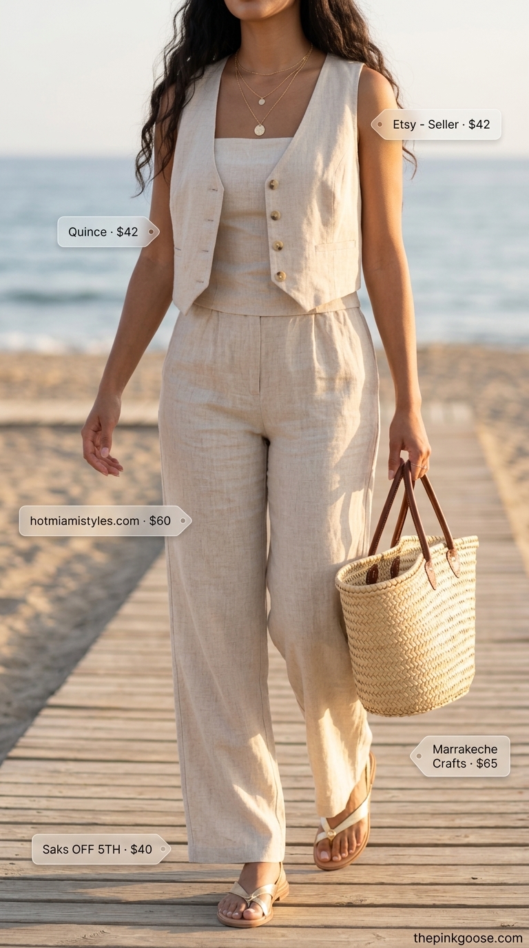 Coastal Linen Set 2026 Ecru linen tank top and pants set with slide sandals. Summer linen sleeveless tops 2026.