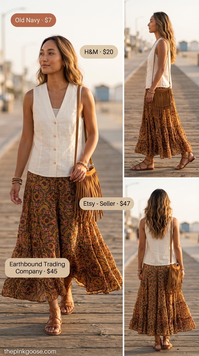Boho Maxi Skirt 2026 Boho floral maxi skirt with cream crop top and gladiator sandals. Summer linen sleeveless tops 2026.