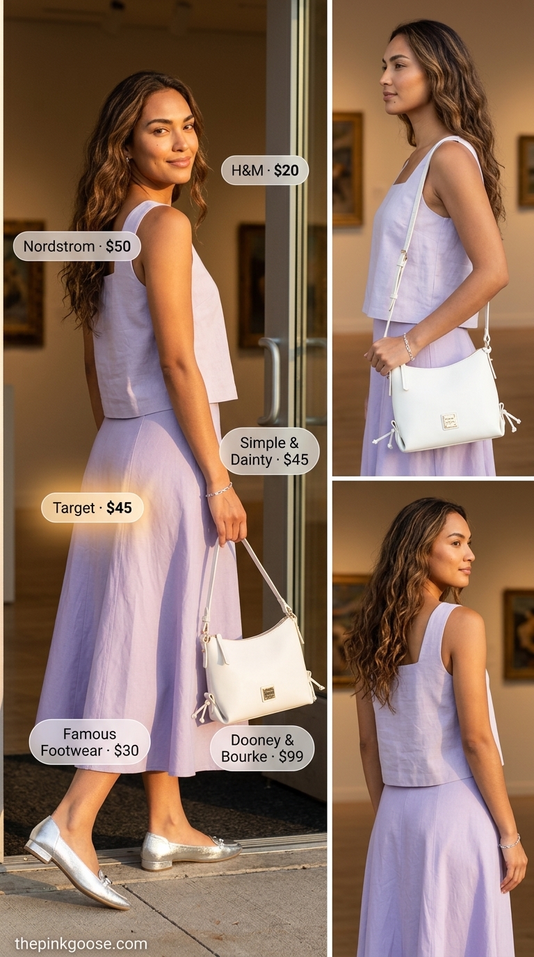Monochrome Linen Midi 2026 Lilac linen knit top with lavender midi skirt and silver flats. Summer linen sleeveless tops 2026.