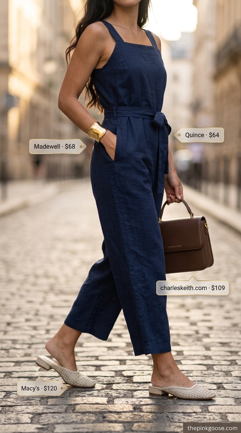 Chic Linen Jumpsuit 2026 Navy blue linen jumpsuit with cream mules and gold cuff for smart casual events. Summer linen sleeveless tops 2026.
