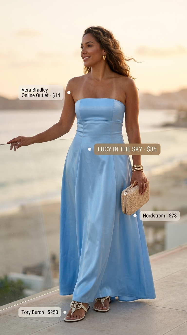 Mediterranean Summer Maxi Dress 2026 Elegant Mediterranean dress: sky blue linen maxi dress, white strappy sandals, and straw clutch. 2026.