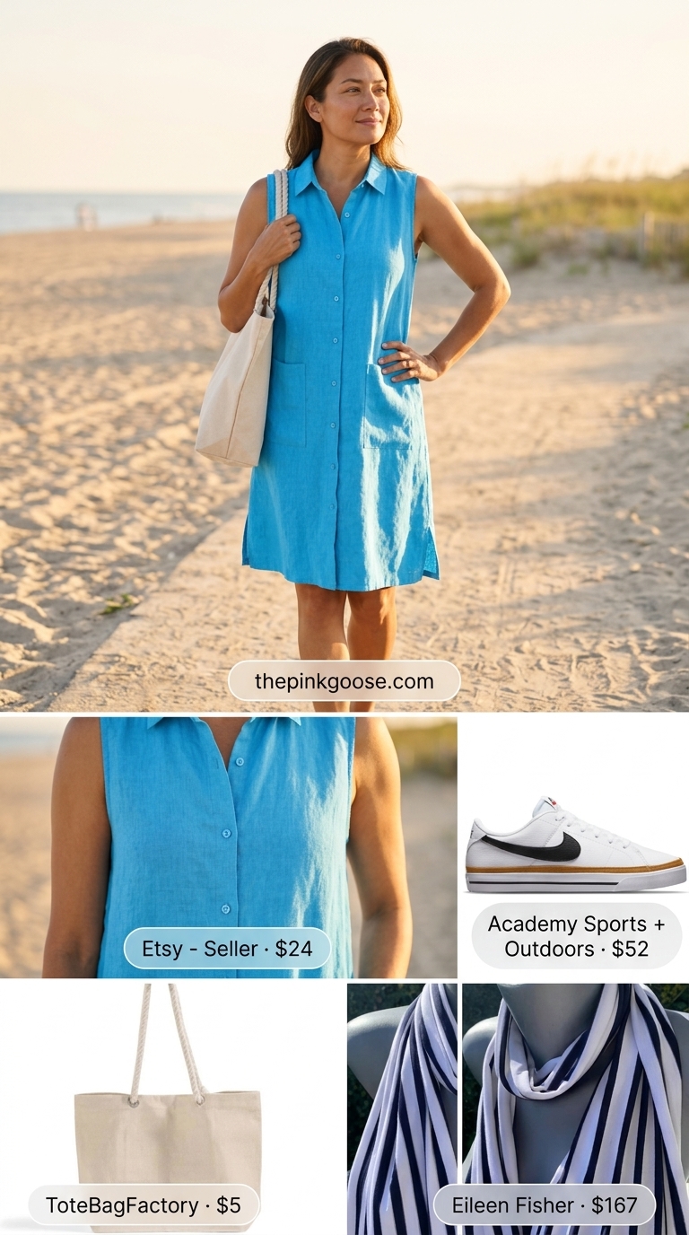 Relaxed Linen Shirt Dress 2026 Serene summer dress: sky blue linen shirt dress, white sneakers, and striped scarf. 2026.