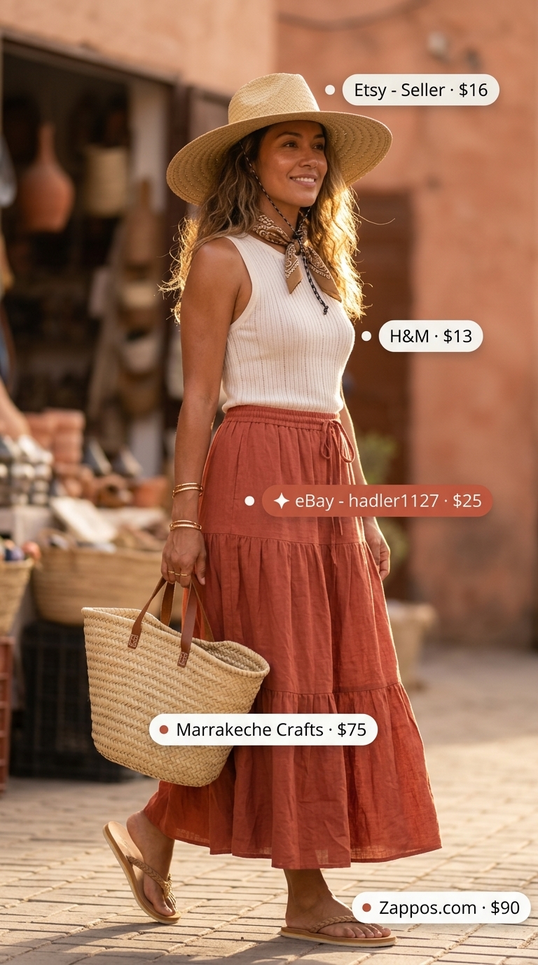 Bohemian Linen Skirt 2026 Terracotta linen maxi skirt with cream knit top and straw hat. Summer linen sleeveless tops 2026.