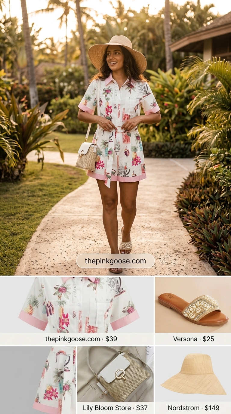 Tropical Linen Romper 2026 Playful tropical romper: green and pink print linen romper, straw hat, and flat sandals. 2026.