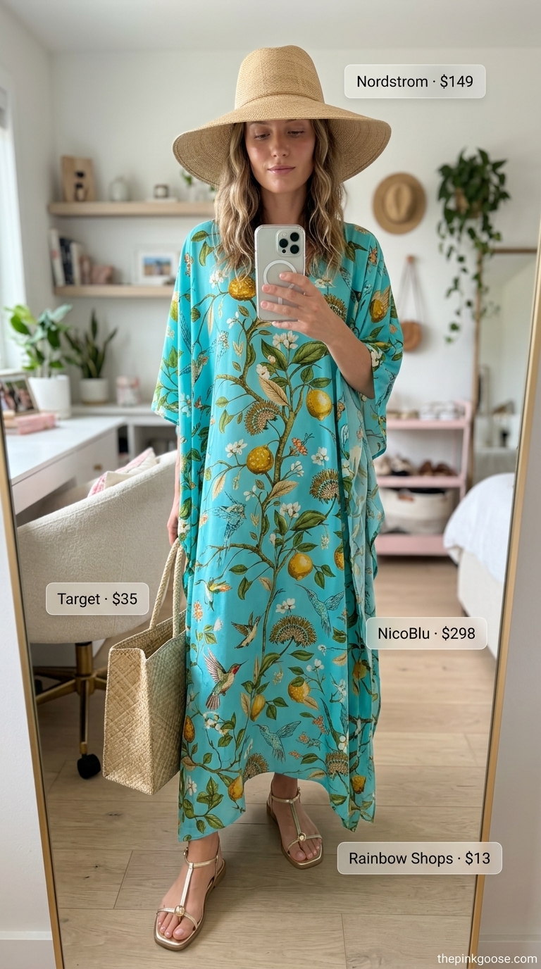 Maxi Caftan Dress 2026 Turquoise and white maxi caftan dress with straw hat and sandals. Summer linen sleeveless tops 2026.