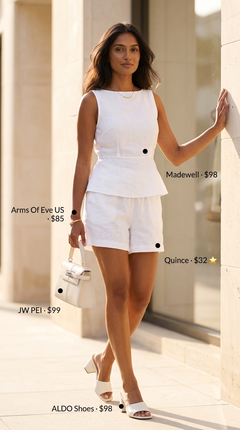 Monochromatic Linen Elegance 2026 Sophisticated monochromatic outfit: white linen shell top, white linen shorts, white mules, and gold jewelry. 2026.