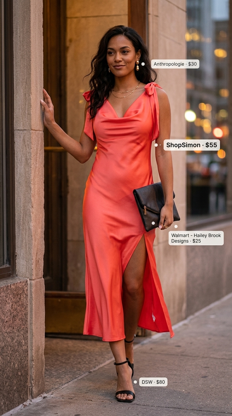 Sunset Serenade Slip Dress 2026 Vibrant coral satin slip dress with black heels and gold earrings for a summer evening event 2026.