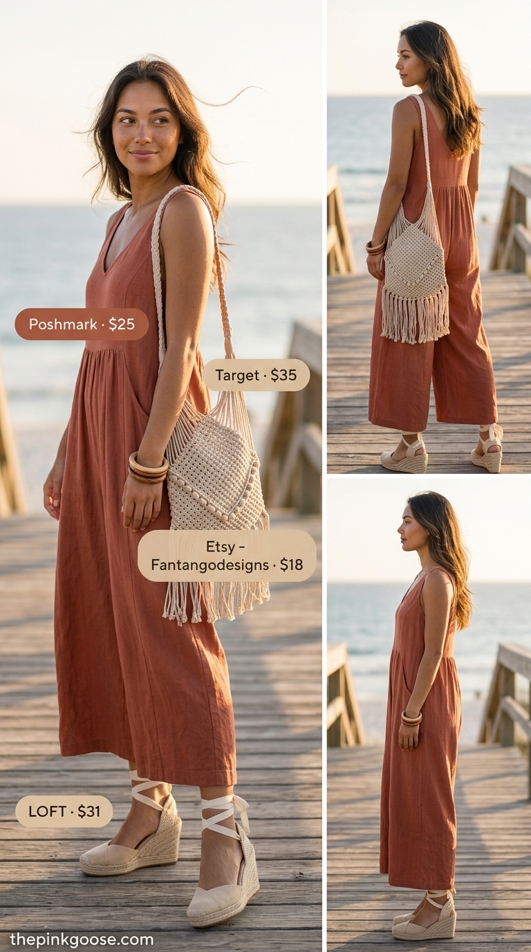 Boho Beach Linen Jumpsuit 2026 Bohemian terracotta linen sleeveless wide-leg jumpsuit with espadrilles and macrame bag for beach vacations 2026.