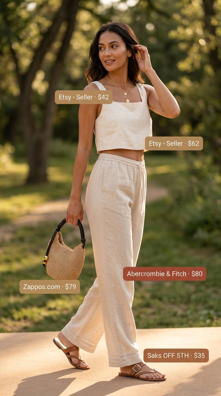 Coastal Breeze Linen Set 2026 Effortless cream linen set with cropped sleeveless top, wide-leg pants and straw bag for beach brunch 2026.