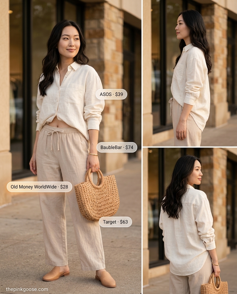 Airy beige linen trousers outfit for women 2026, with an oversized shirt, leather slides, and straw tote for resort wear.