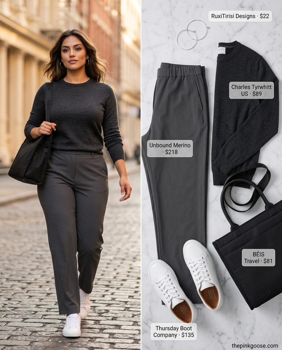Comfortable athleisure trousers outfit for women 2026, with a knit sweater, sneakers, and tote bag for travel or casual days.