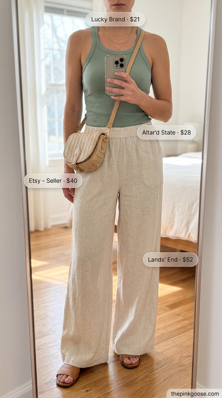 Relaxed cream linen trousers outfit for women 2026, with a sage green tank top, straw crossbody, and leather slides for casual outings.