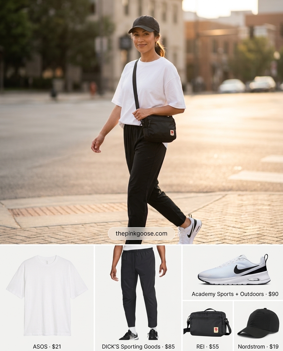 Sporty lavender top outfit for women 2026, featuring an oversized t-shirt and crossbody bag, not focused on trousers.