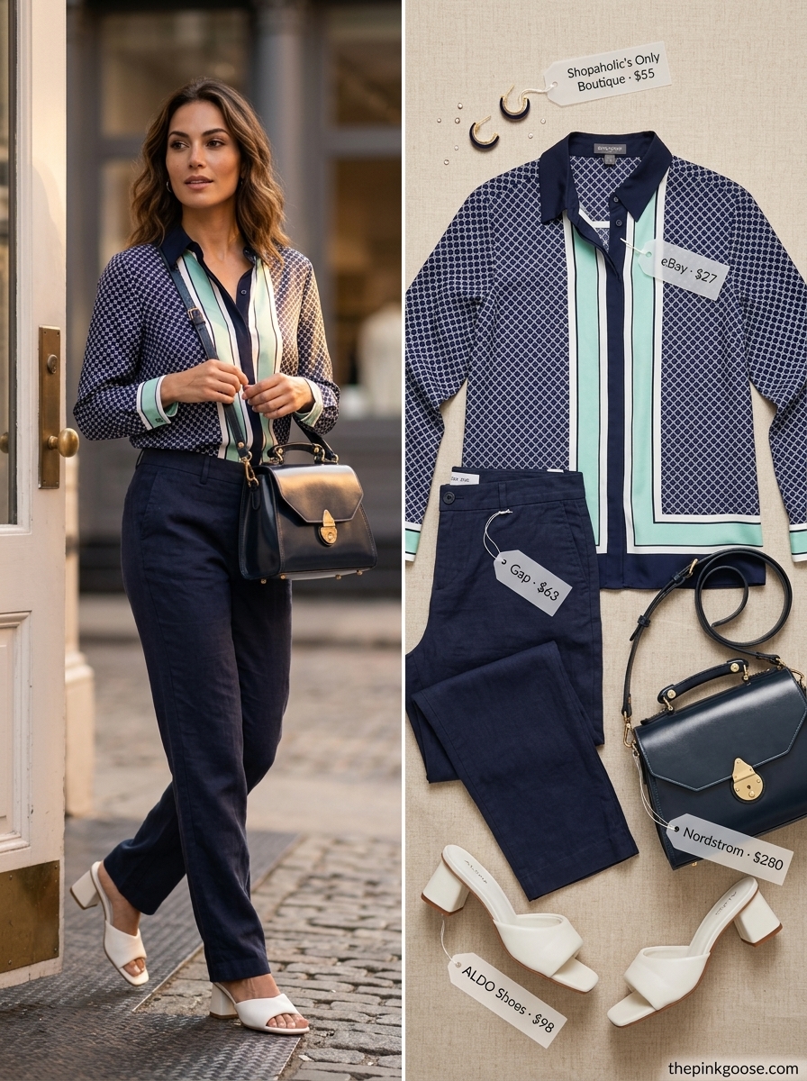 Polished navy linen blend summer low-waist trousers for women 2026, perfect for work casual and meetings.