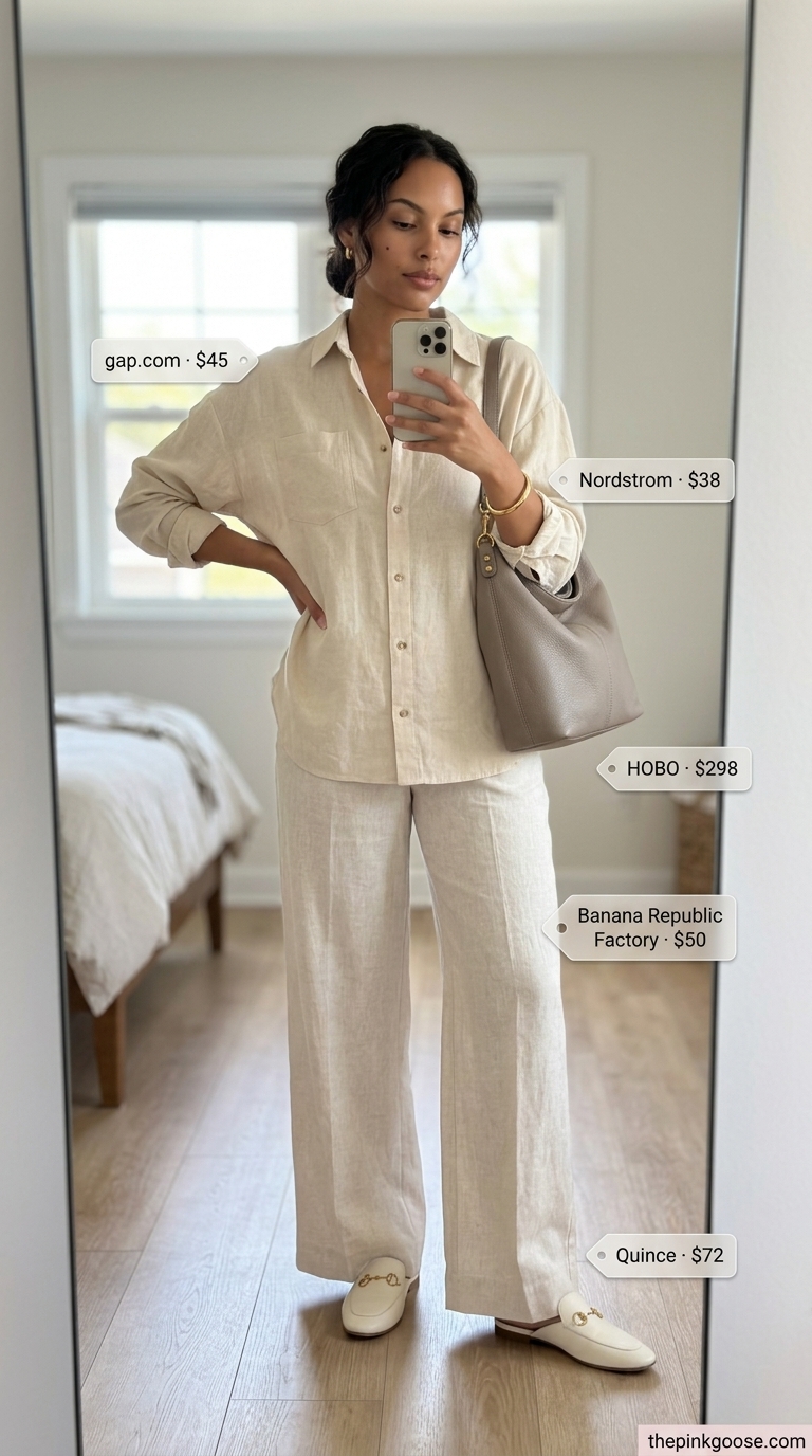 Chic beige linen trousers outfit for women 2026, featuring a loose button-down shirt and leather mules for smart casual events.