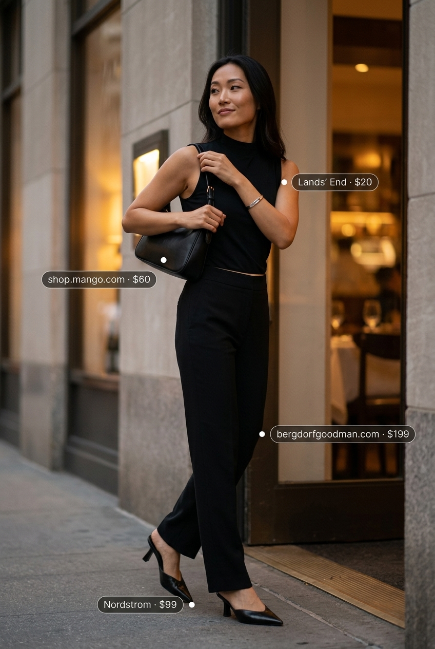 Chic black monochrome outfit with summer low-waist trousers for women 2026, perfect for evening events.