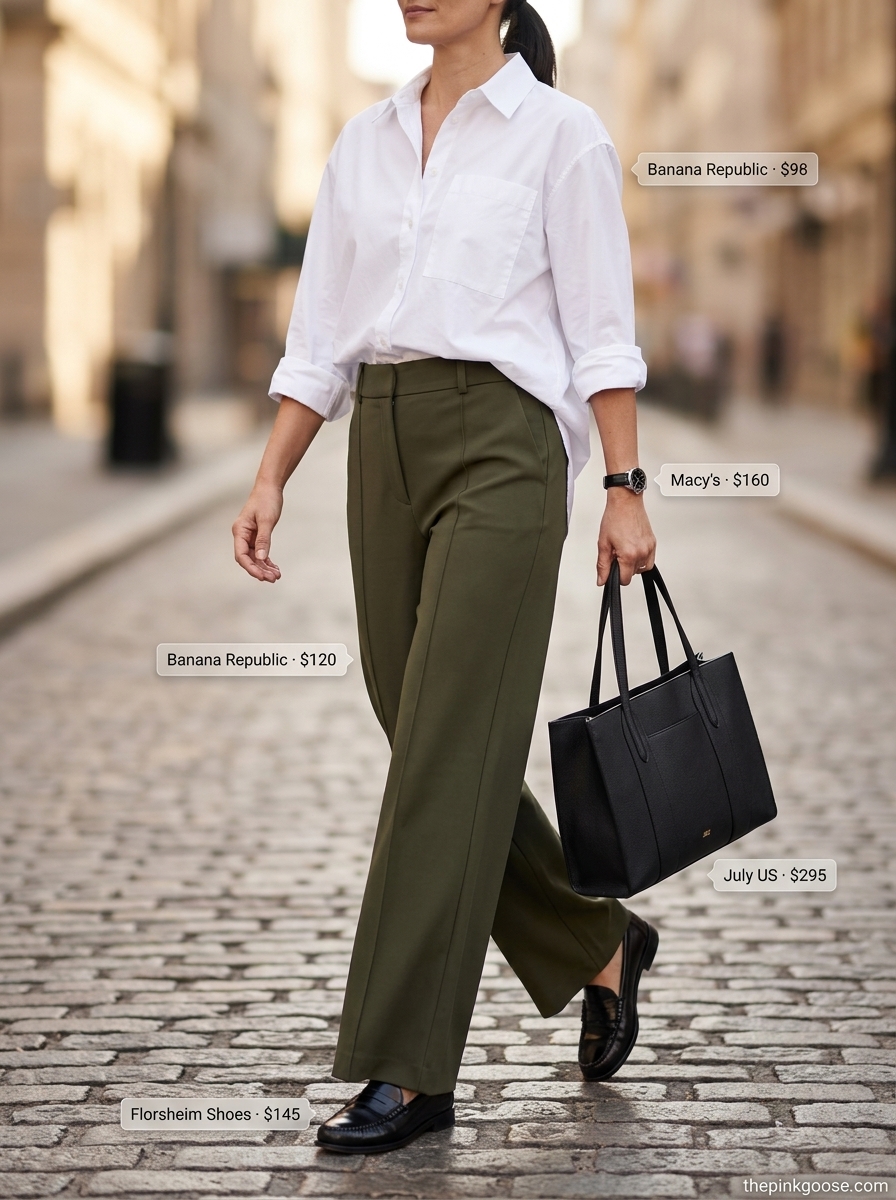 Sophisticated olive green wide-leg trousers outfit for women 2026, with a crisp white shirt and loafers for city sightseeing.
