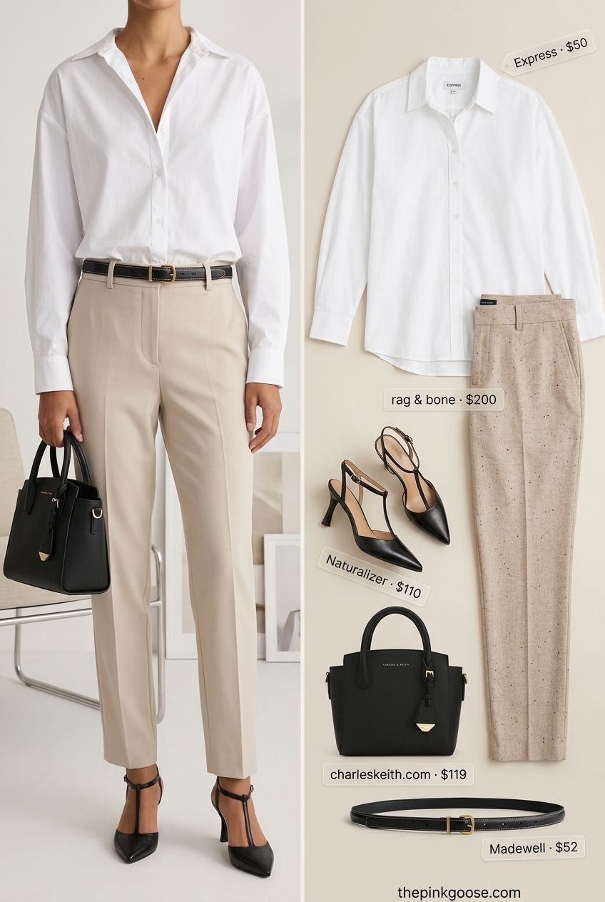 Beige low-waist tailored trousers with white shirt and black heels for a polished business casual look 2026.