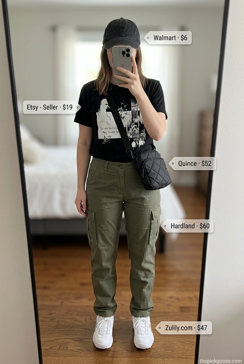 Olive green low-waist cargo trousers with graphic tee and sneakers for an edgy streetwear look 2026.