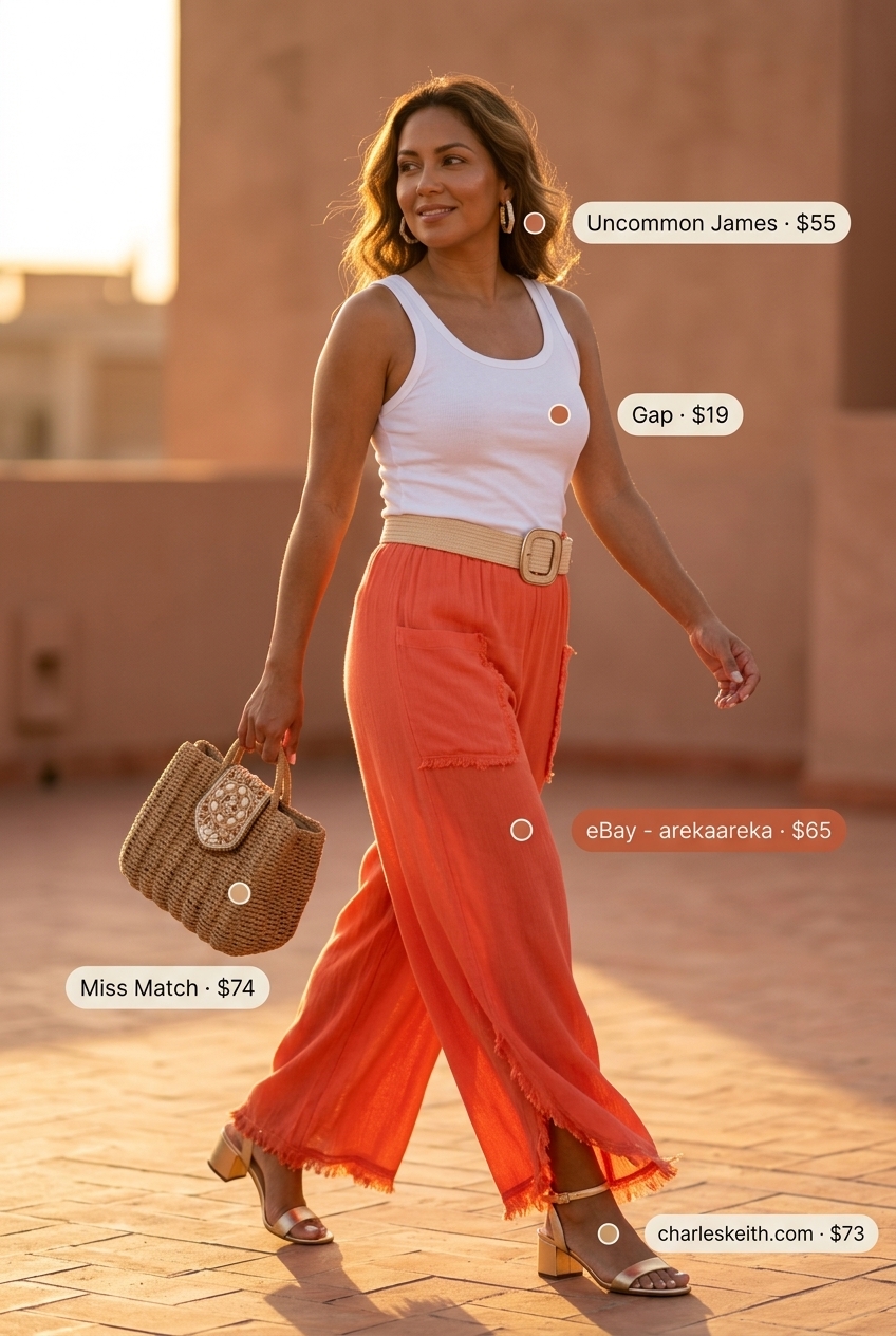 Coral low-waist wide-leg trousers with white tank and gold sandals for a summer party outfit 2026.