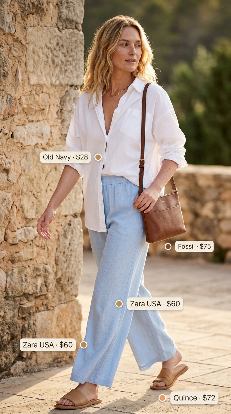 Sky blue low-waist linen trousers with white oversized shirt for a chic Mediterranean travel outfit 2026.
