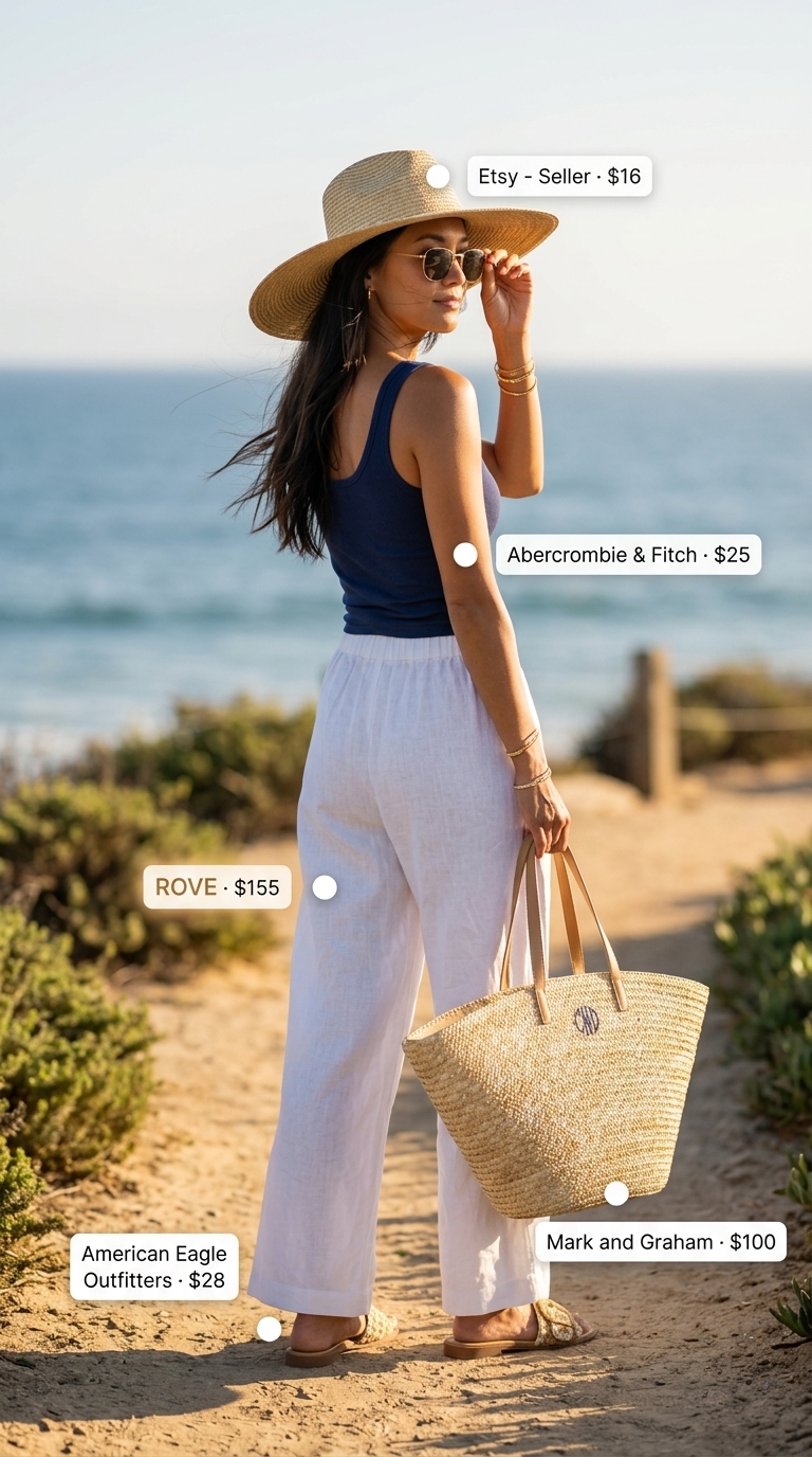 White low-waist linen trousers with navy tank and straw hat for a relaxed beachy summer outfit 2026.