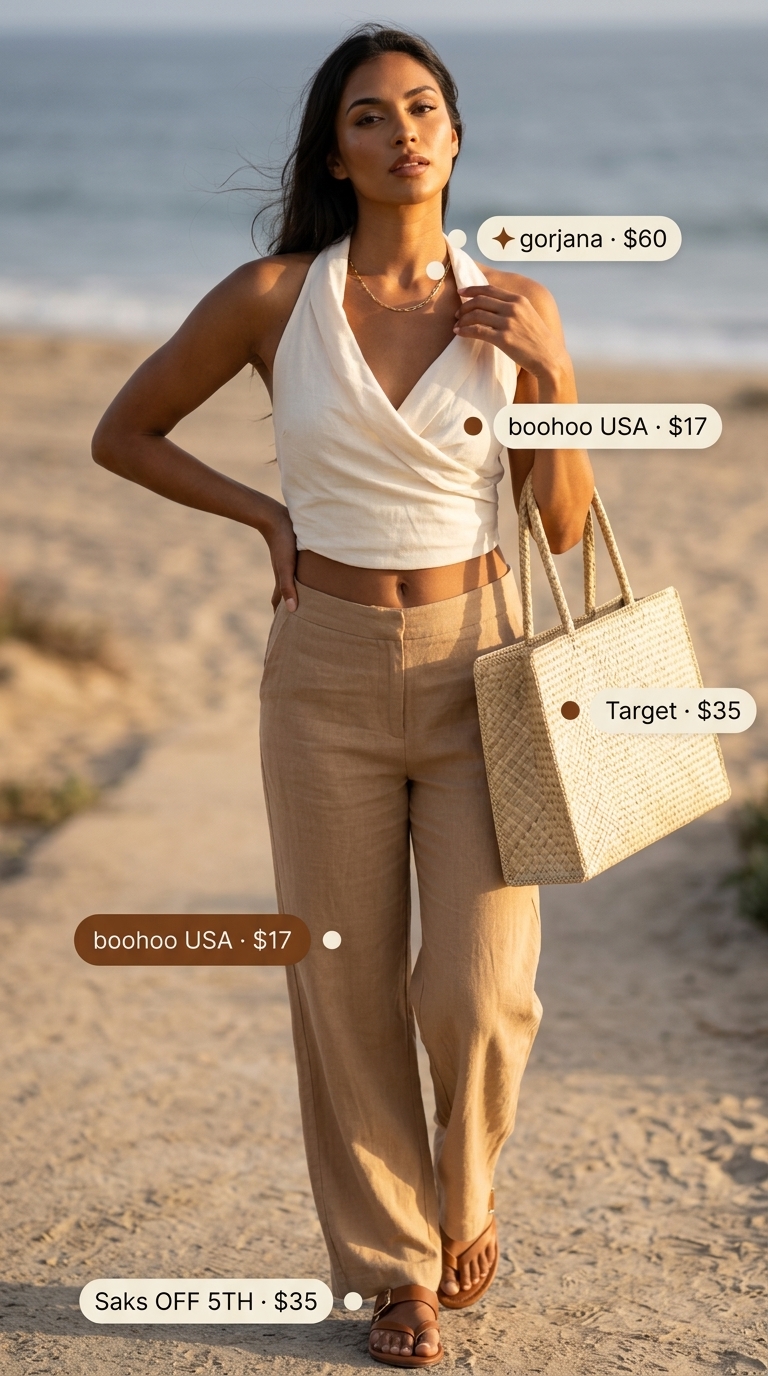 Linen matching set co-ord outfits for women 2026 for a beach vacation. Wide-leg pants & tie-front top.