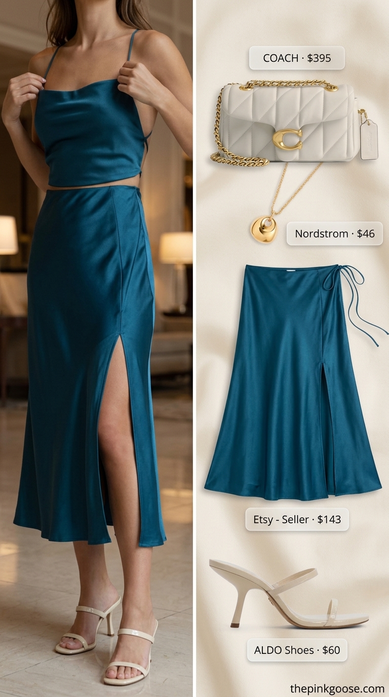 Emerald green matching set co-ord outfits for women 2026 for evening cocktails. Satin slip skirt & camisole top.