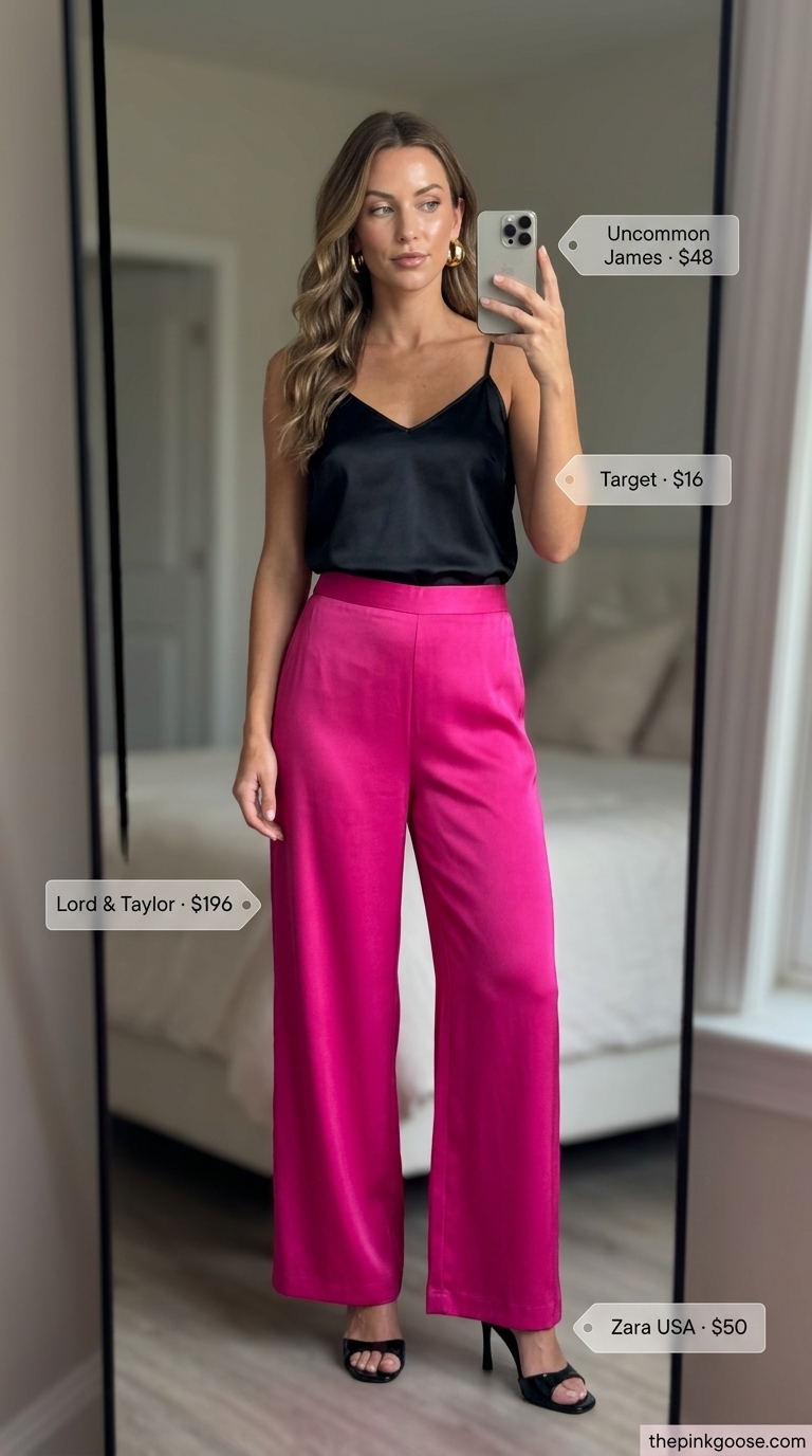 Fuchsia matching set co-ord outfits for women 2026 for an evening event. Wide-leg trousers & blazer vest.