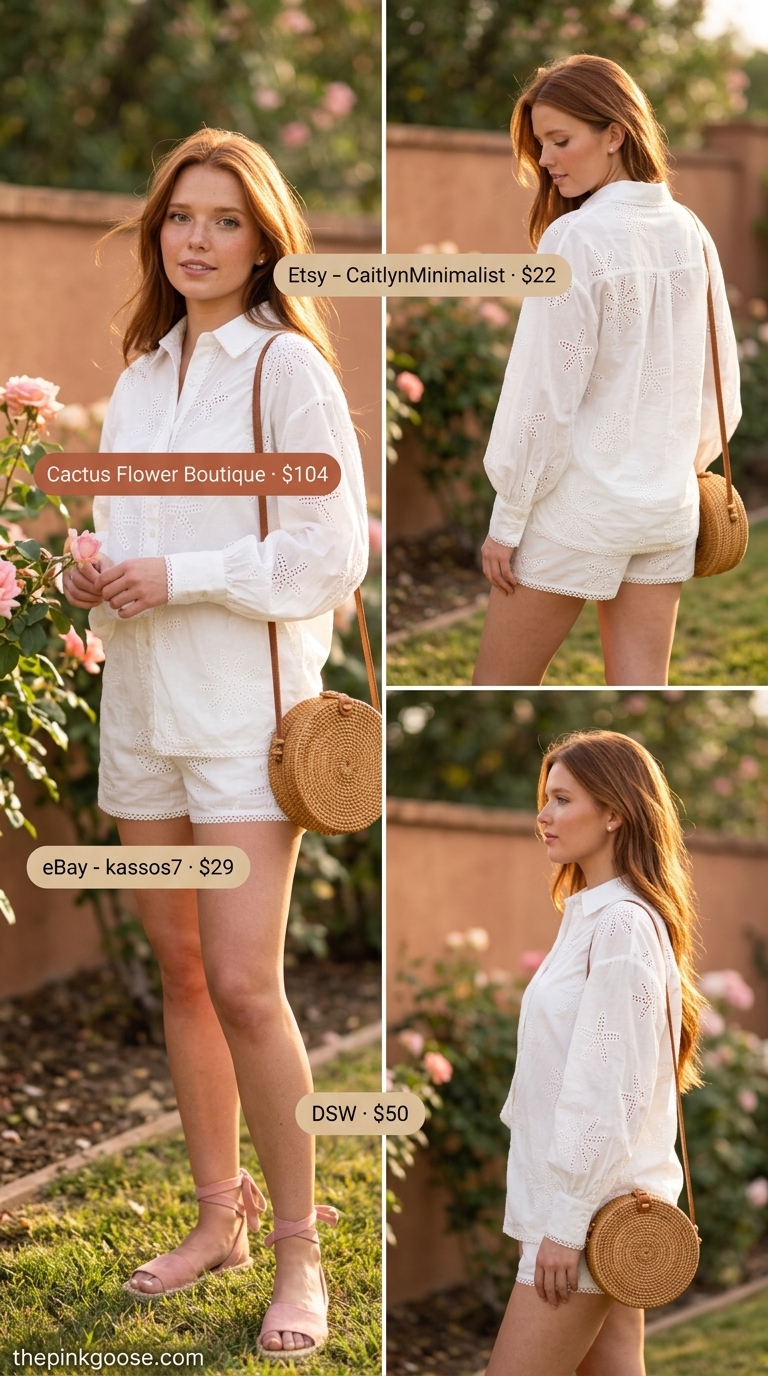 White eyelet matching set co-ord outfits for women 2026 for a garden party. Puff-sleeve crop top & shorts.