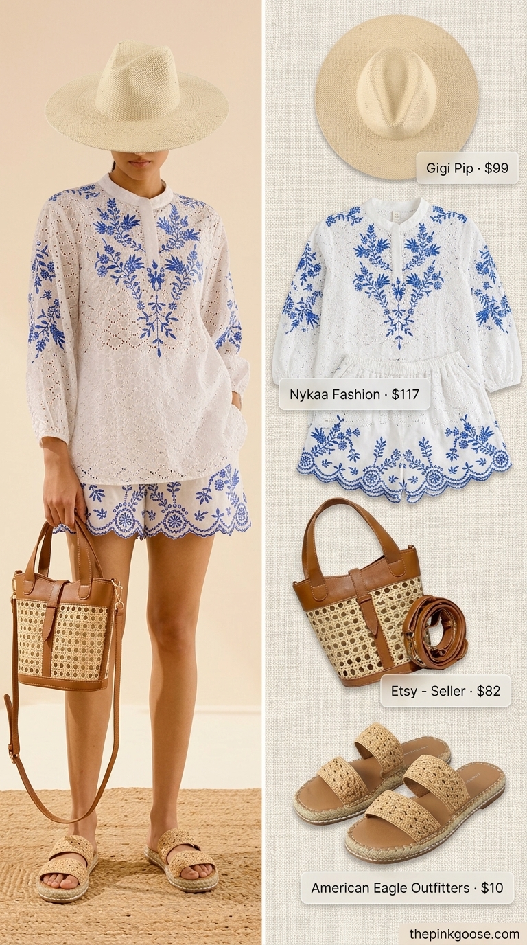 Embroidered matching set co-ord outfits for women 2026 for travel. Peasant blouse & shorts.