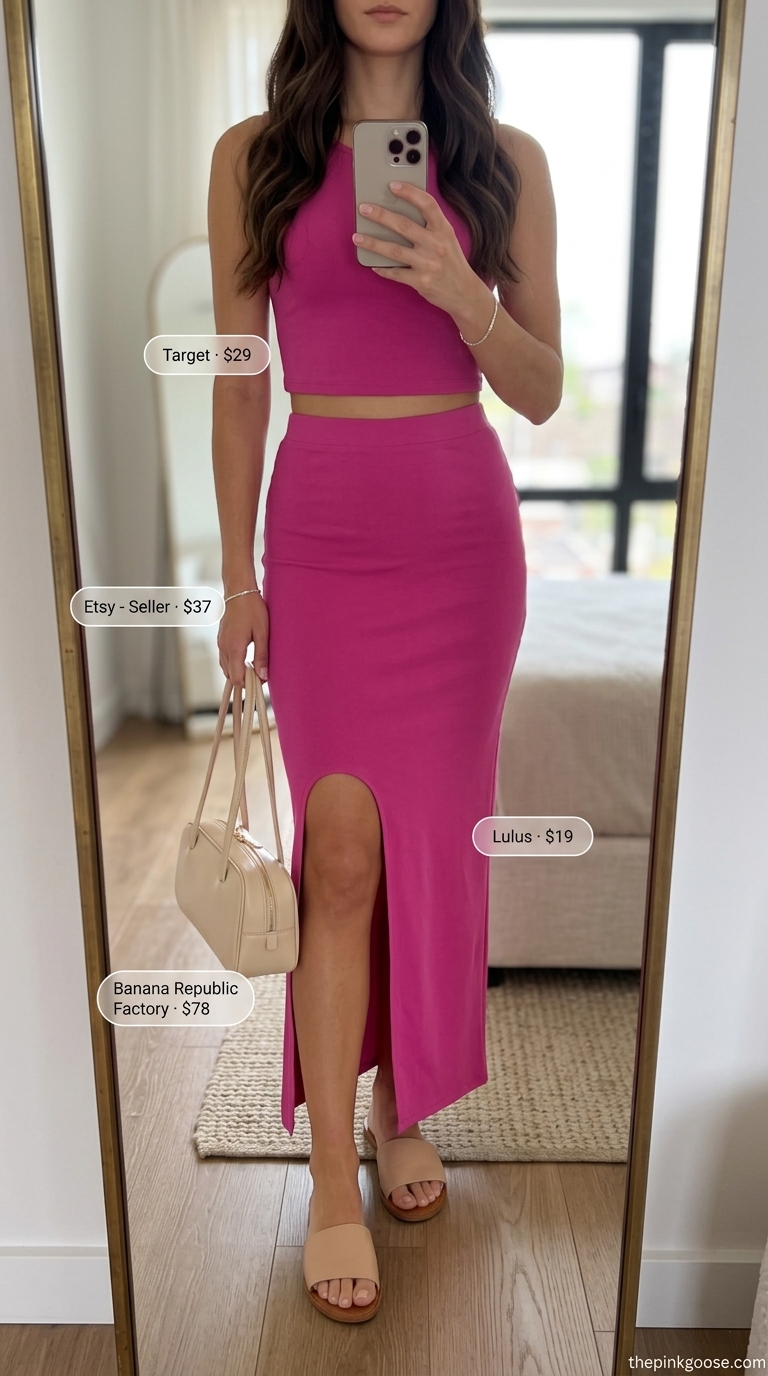 Lavender Haze summer matching set co-ord outfits for women 2026 in lavender knit with nude slides.