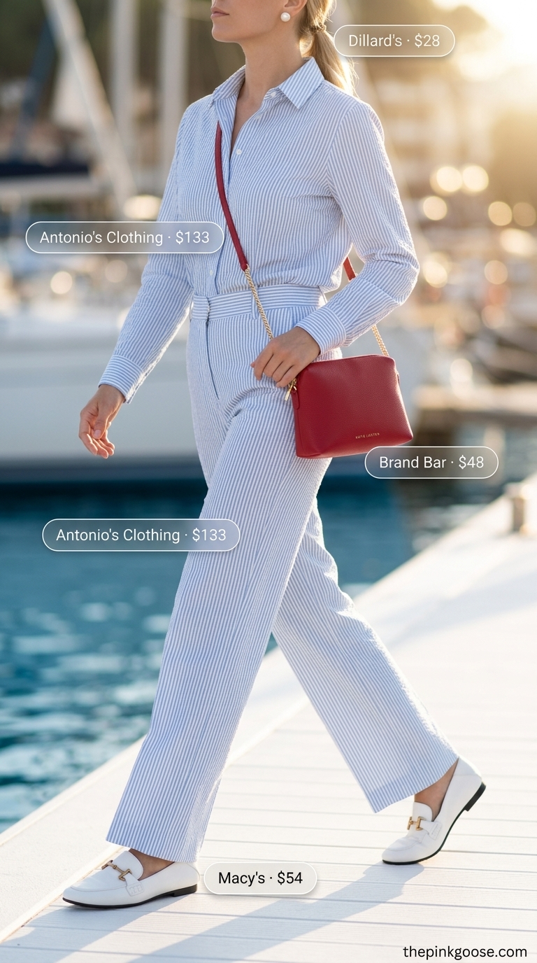 Preppy Seaside Charm summer matching set co-ord outfits for women 2026 in pastel blue stripe with loafers.