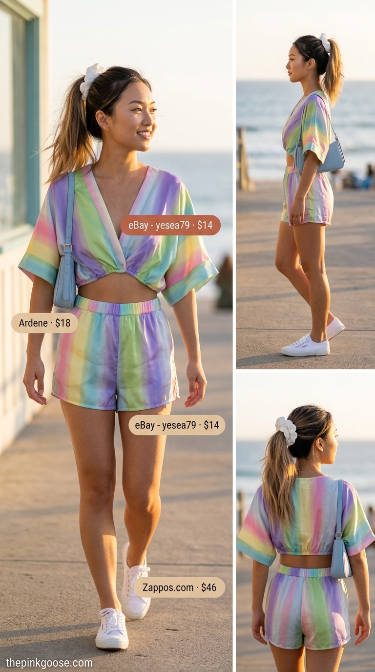 Retro Boardwalk Babe summer matching set co-ord outfits for women 2026 in pastel multi-stripe with sneakers.