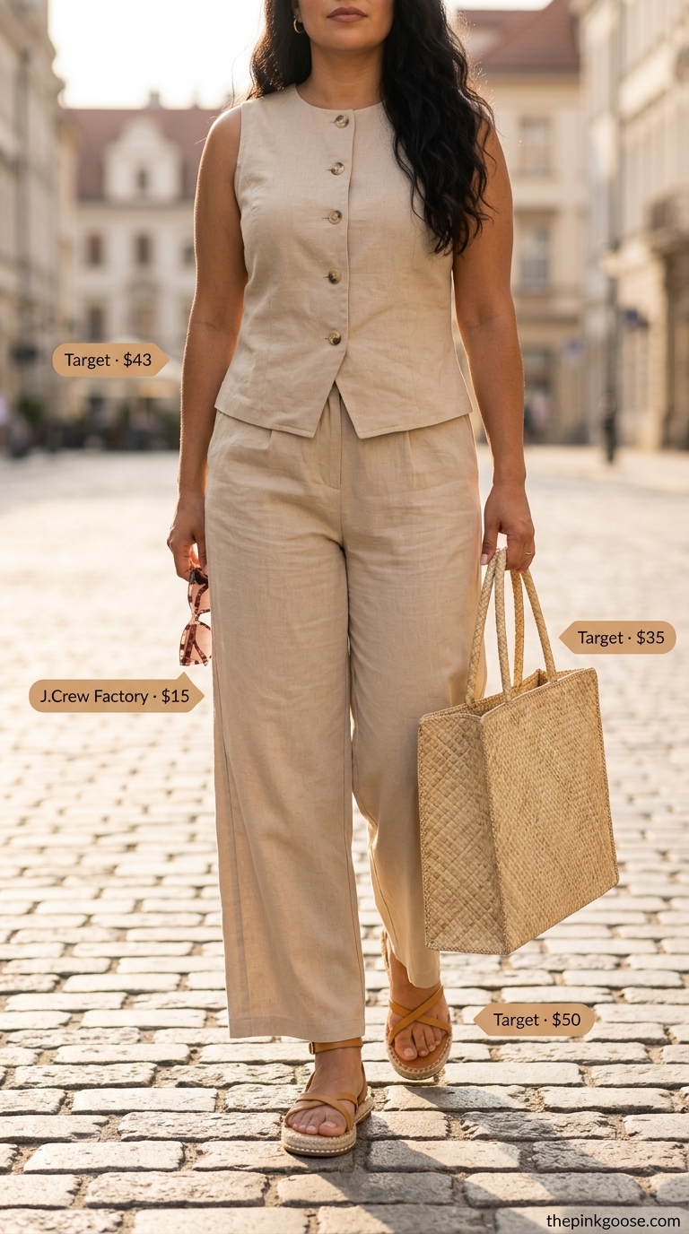 Riviera Retreat summer matching set co-ord outfits for women 2026 in sand beige linen with straw tote.