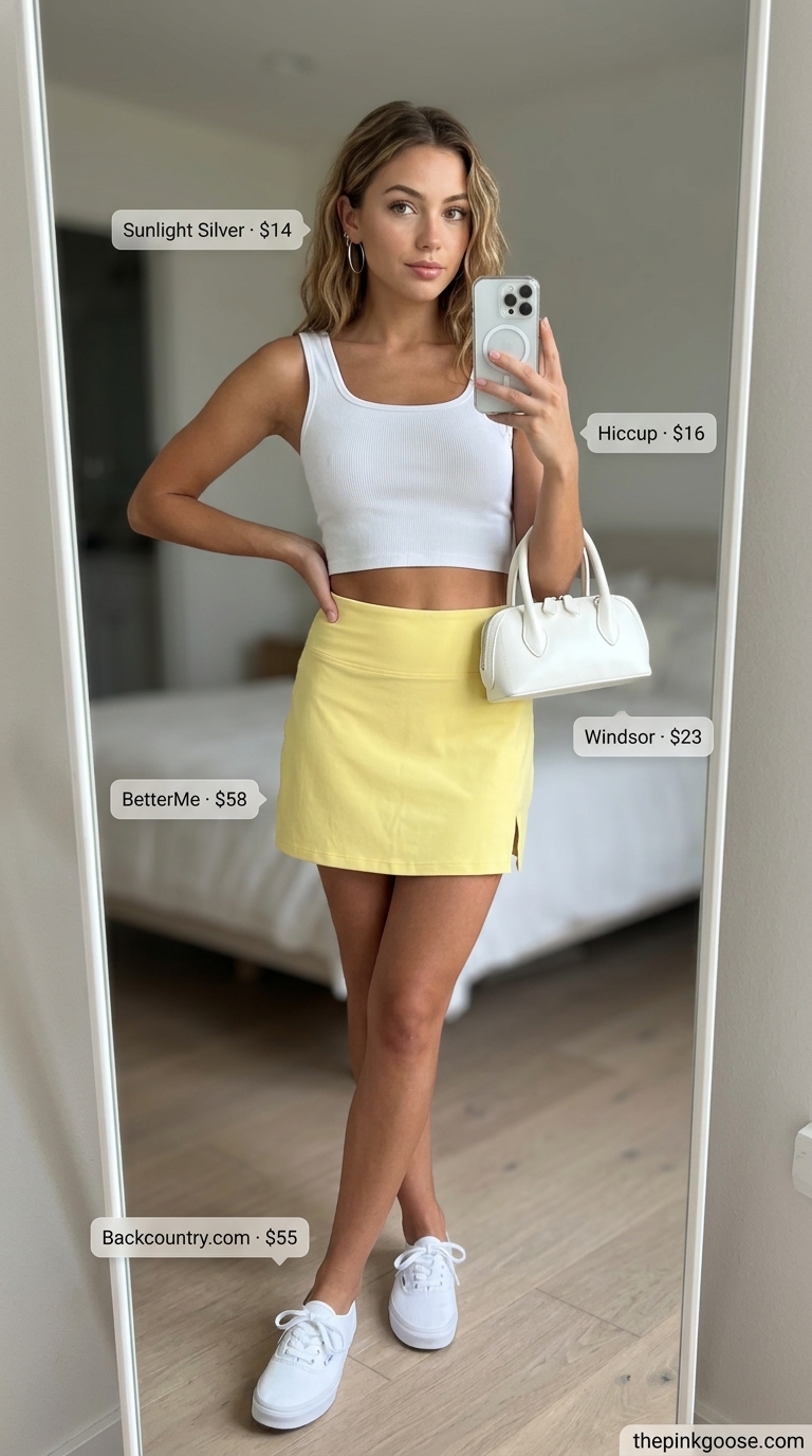 Yellow matching set co-ord outfits for women 2026 for an outdoor concert. Boxy jacket & mini skirt.