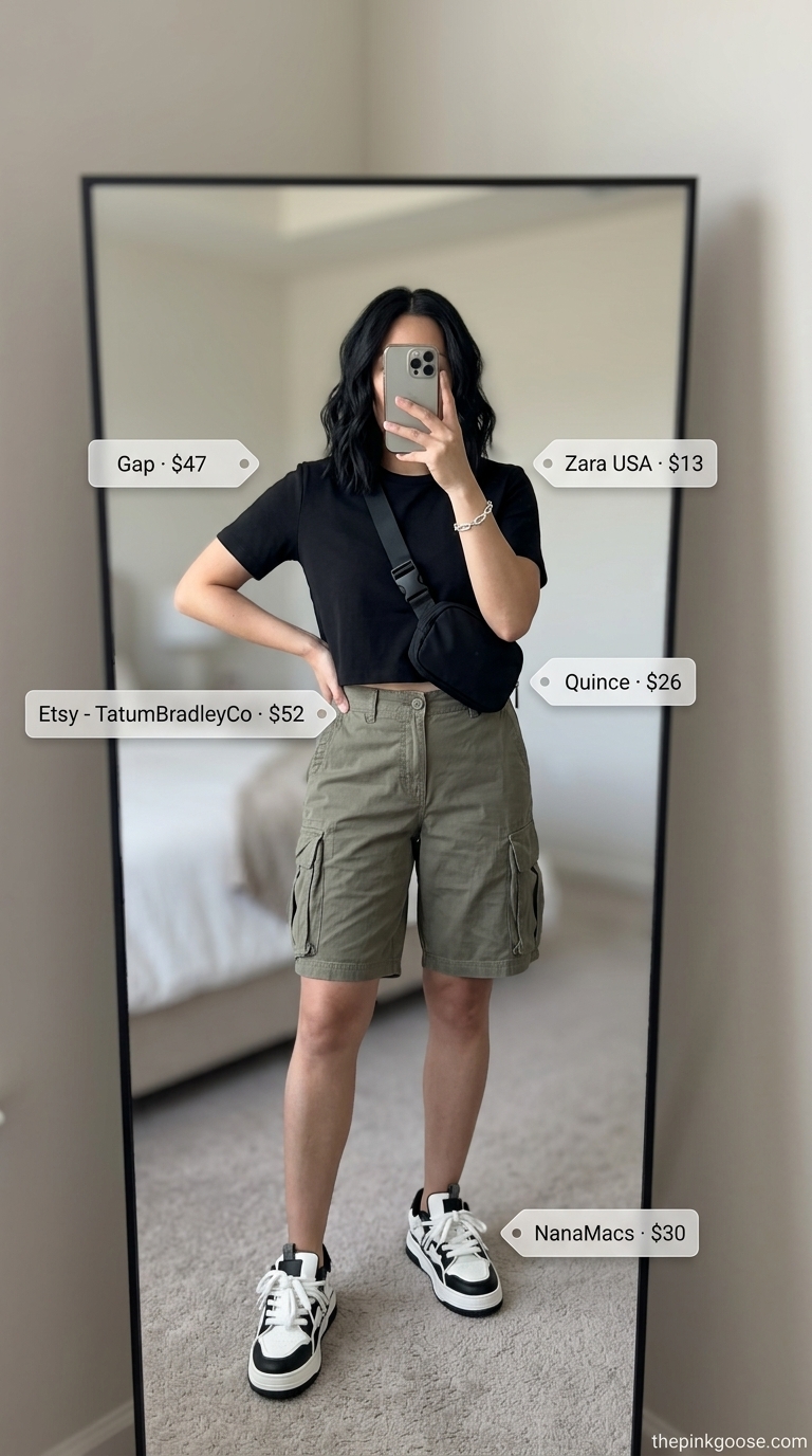 Olive green matching set co-ord outfits for women 2026 for city sightseeing. Utility shirt & cargo shorts.