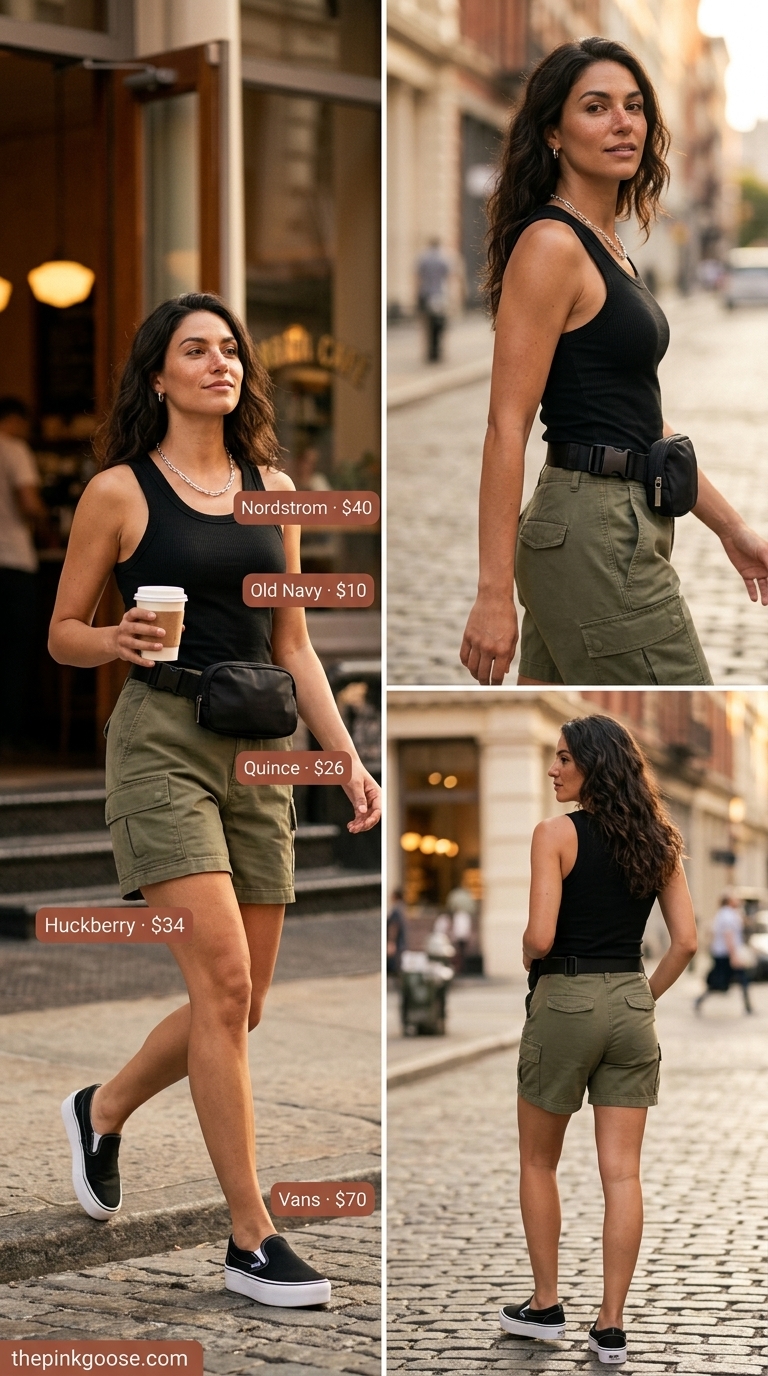Olive green matching set co-ord outfits for women 2026 for city exploration. Utility shirt & cargo shorts.