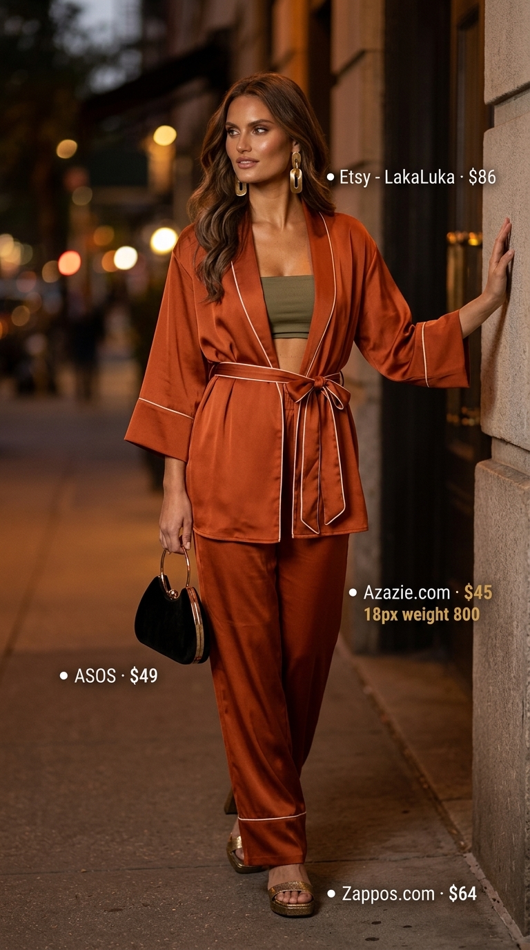 Burnt orange satin matching set co-ord outfits for women 2026 for cocktail party. Glam look.