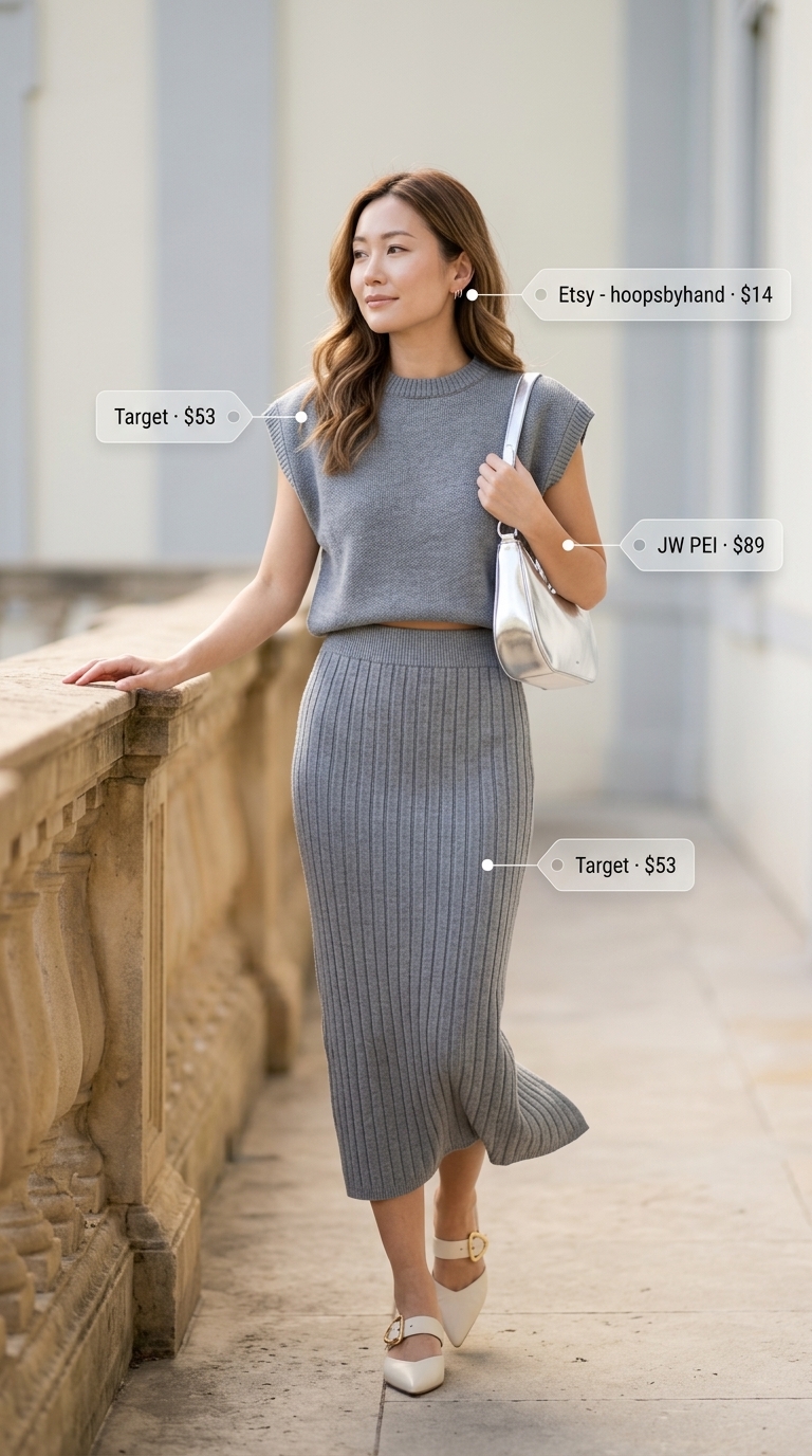 Grey ribbed knit matching set co-ord outfits for women 2026 for dinner date. Sleek style.