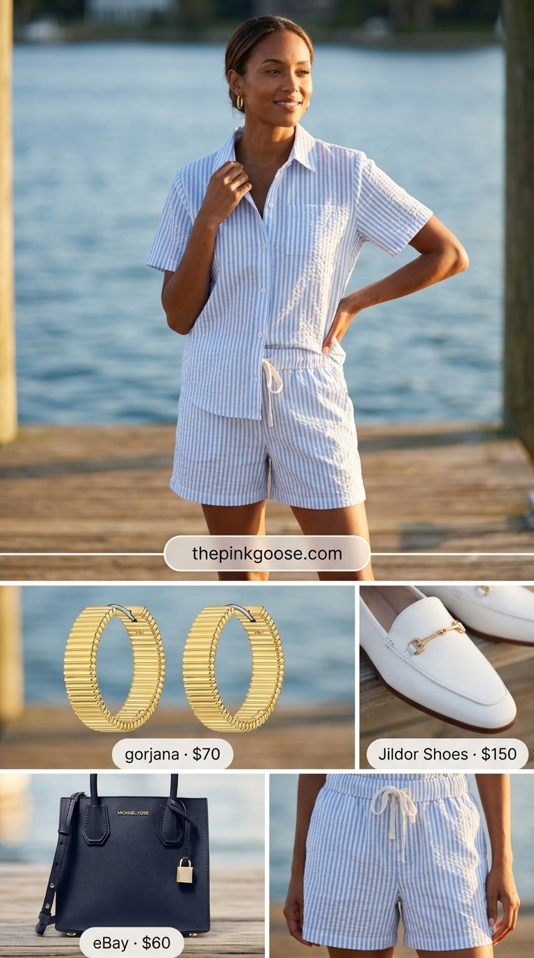 Light blue stripe seersucker matching set co-ord outfits for women 2026 for yacht club. Classic style.