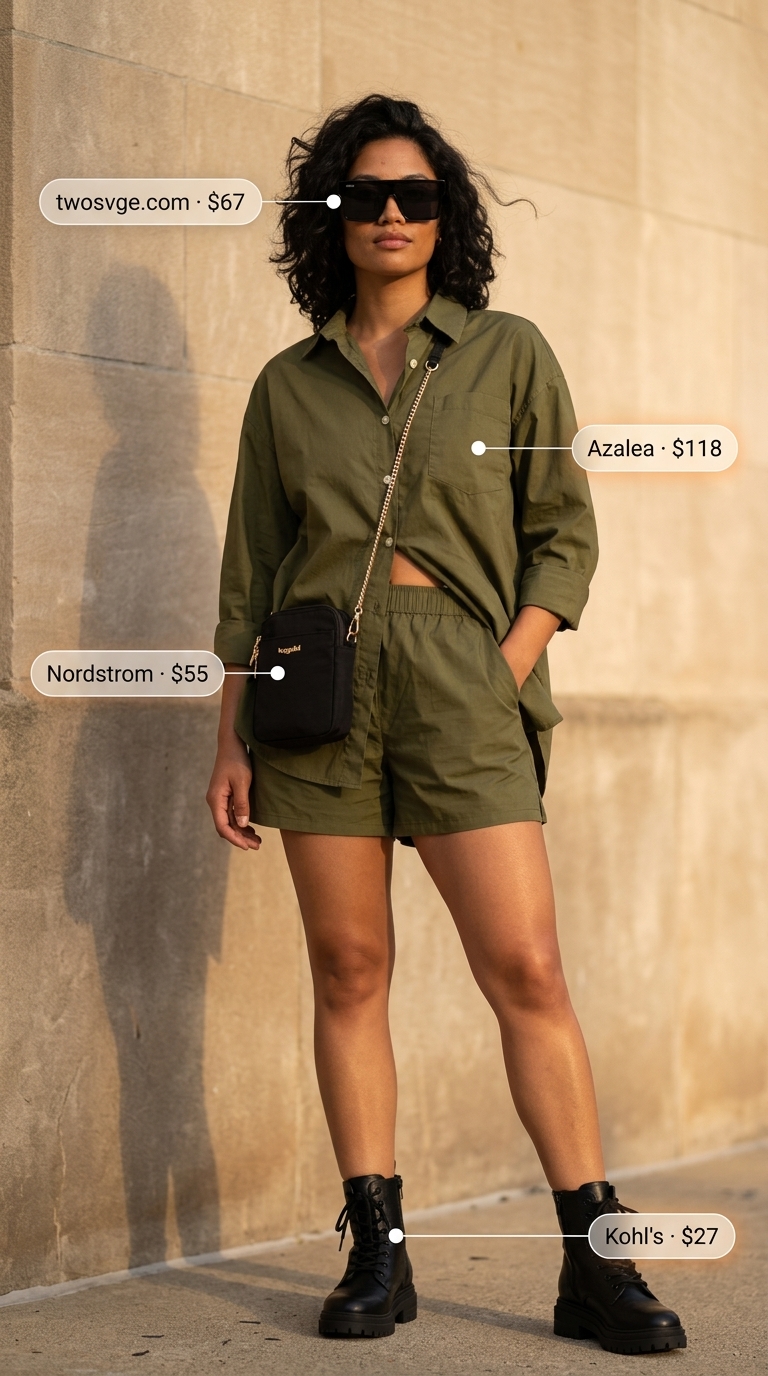 Olive green poplin matching set co-ord outfits for women 2026 for city exploration. Chic look.