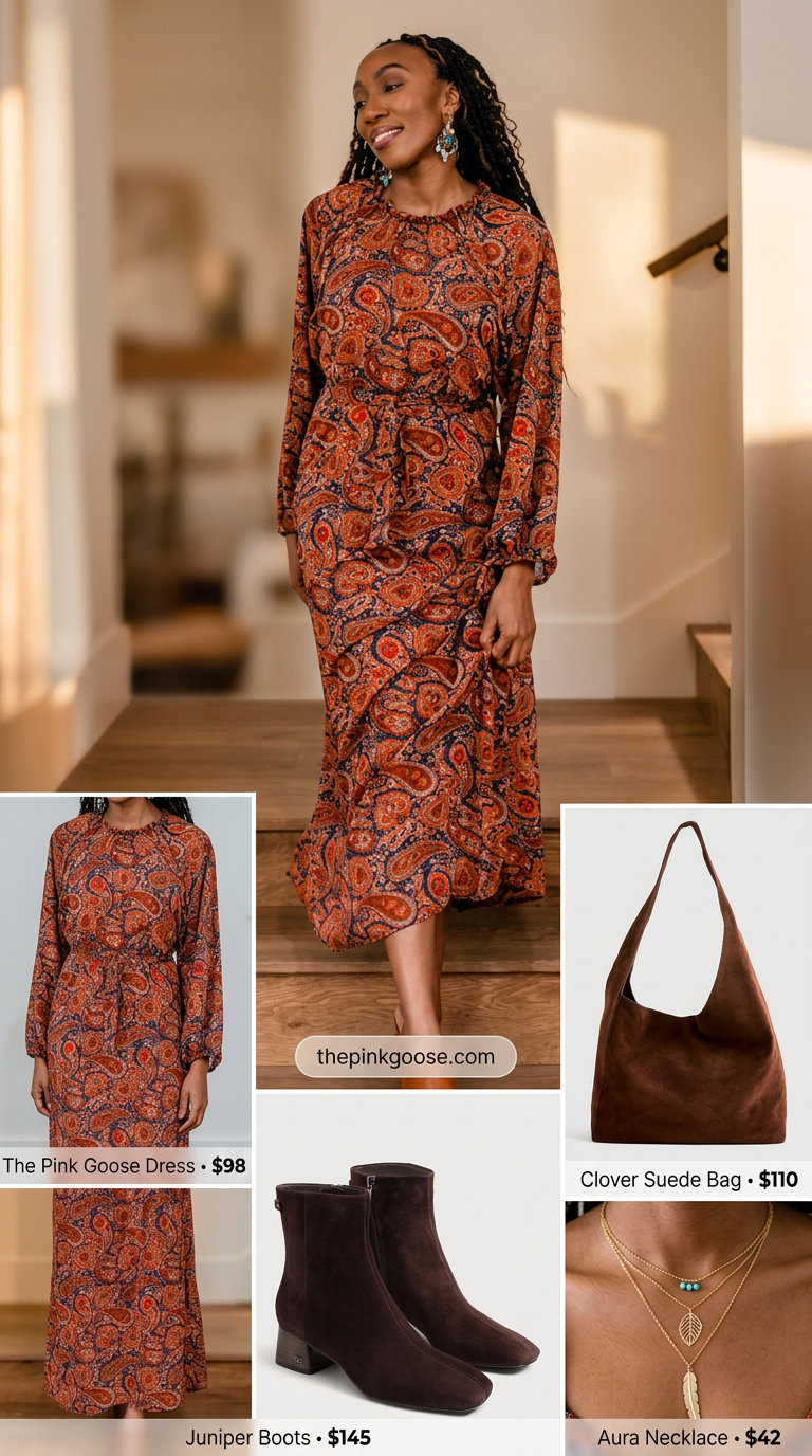 Bohemian rust orange paisley midi dress for festival or boho event. 2026.