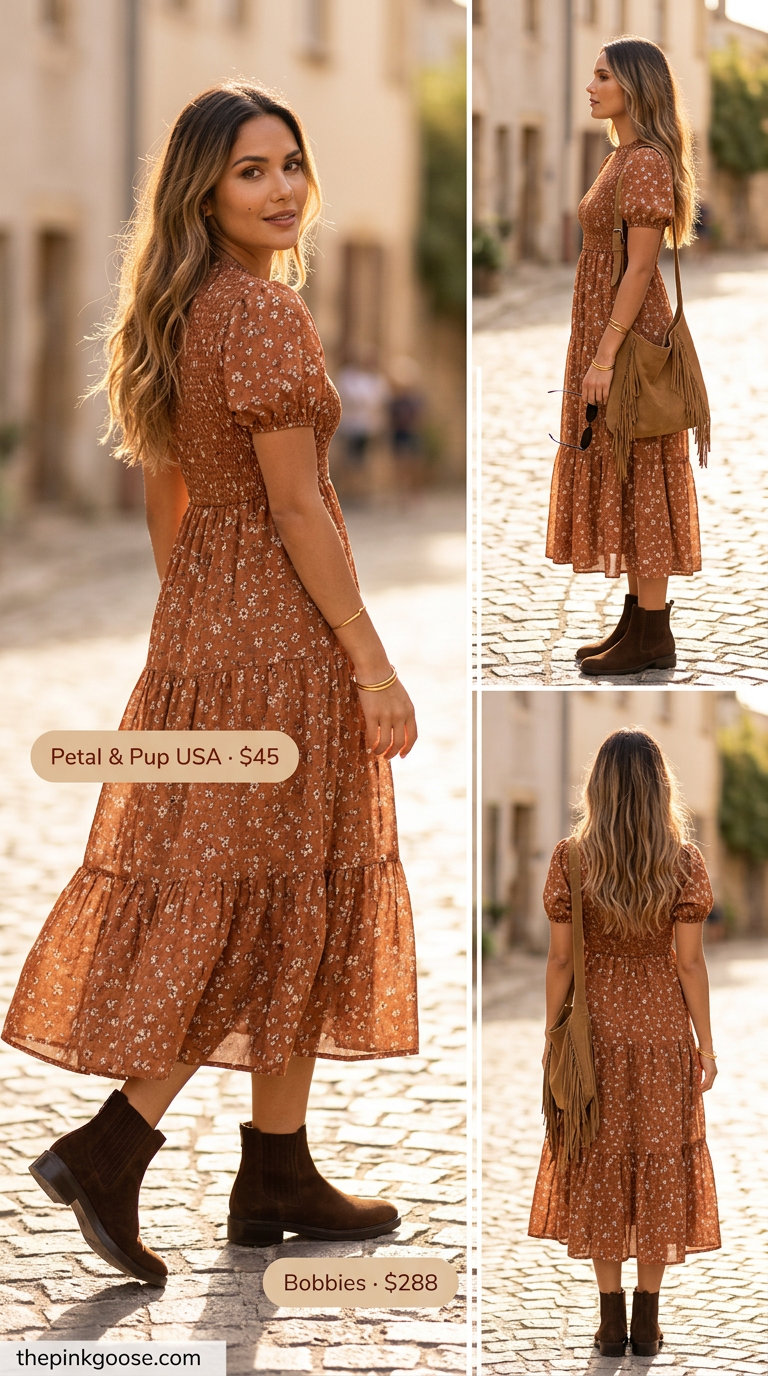 Boho terracotta midi dress for music festival or beach party. 2026.