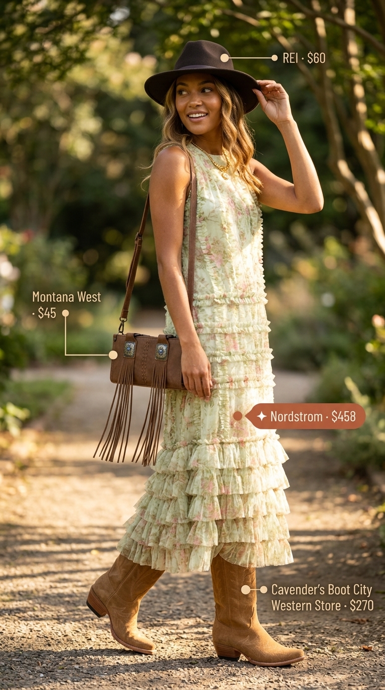 Boho multicolor floral midi dress for music festival or summer picnic. 2026.