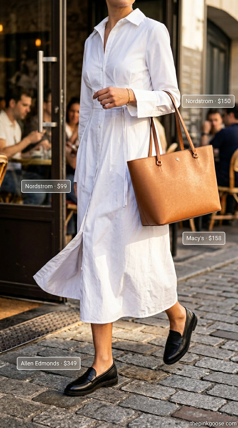 Polished white shirt midi dress with tan tote & black loafers for summer midi dresses 2026 office.