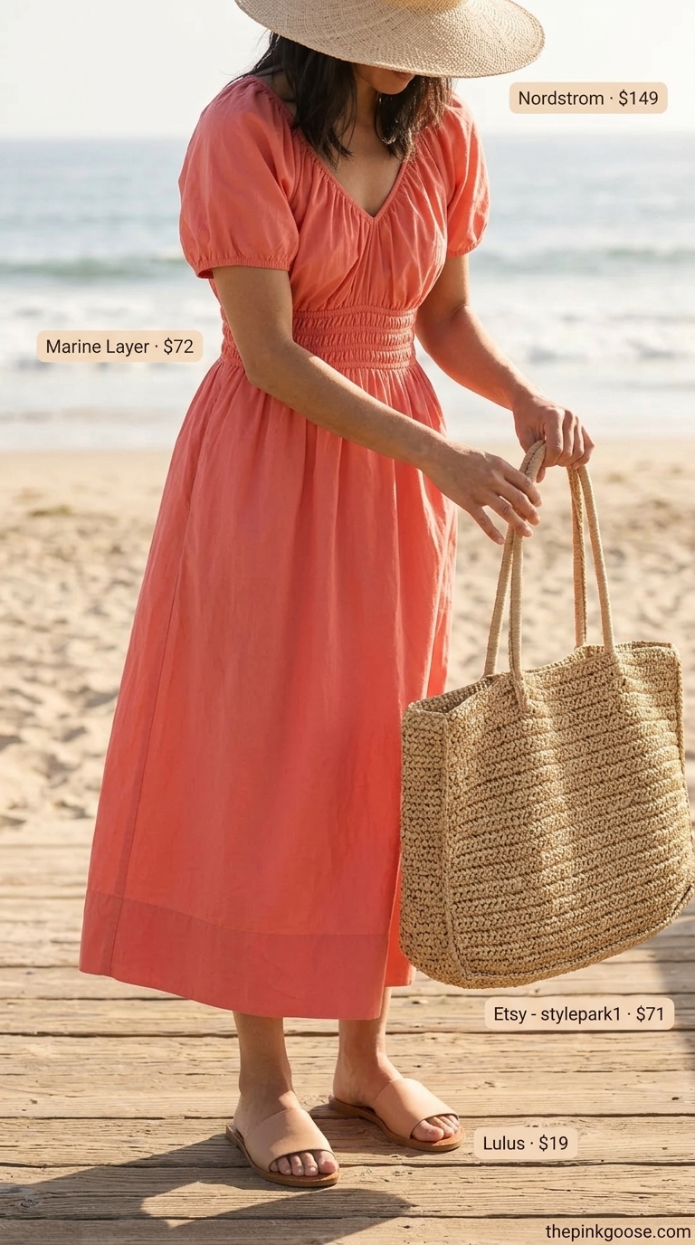 Breezy coral linen midi sundress with straw hat & tote for summer midi dresses 2026 vacation.