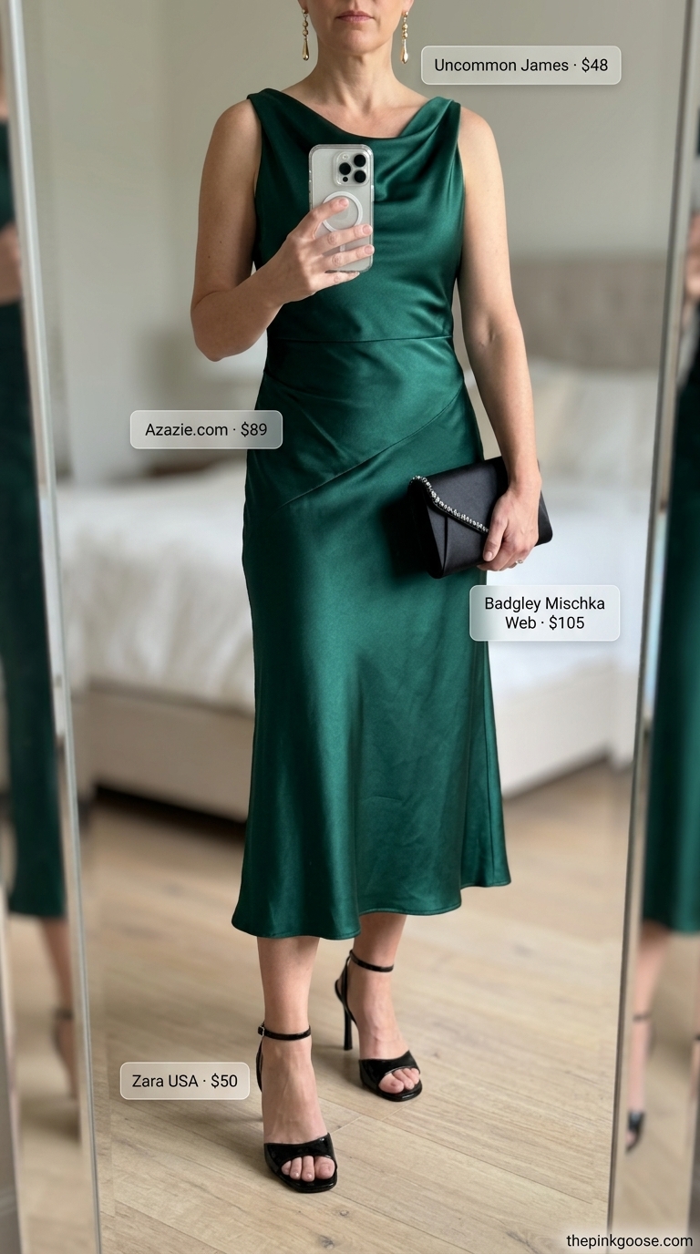 Elegant emerald green midi slip dress with gold heels & clutch for summer midi dresses 2026 gala.